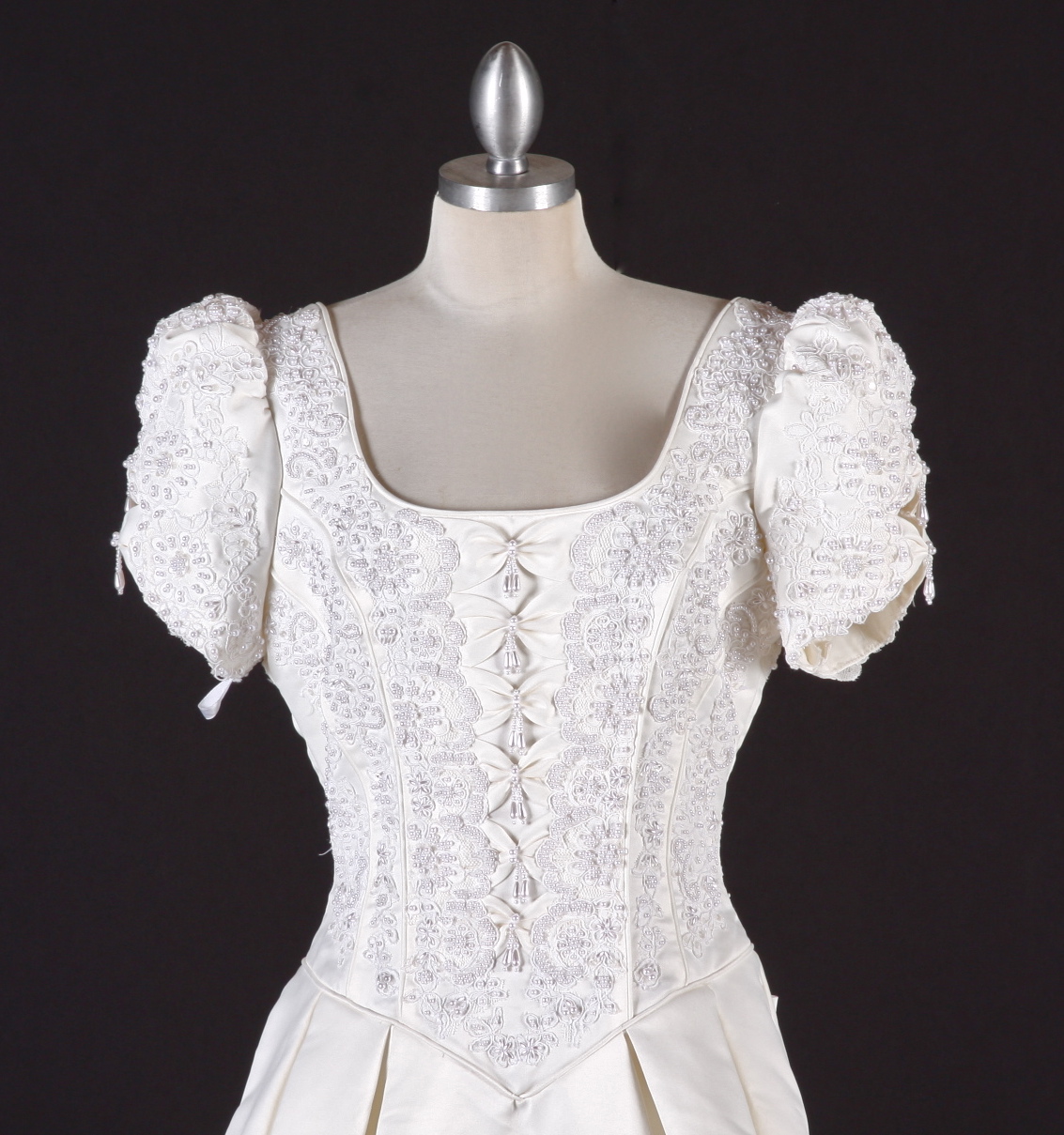 Breathtaking Benjamin Roberts Wedding gown in ivory satin embellished with faux white frosted pearls and sequins