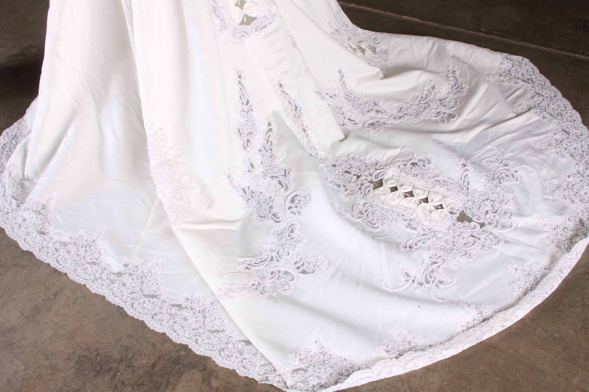 Breathtaking Benjamin Roberts Wedding gown in ivory satin embellished with faux white frosted pearls and sequins