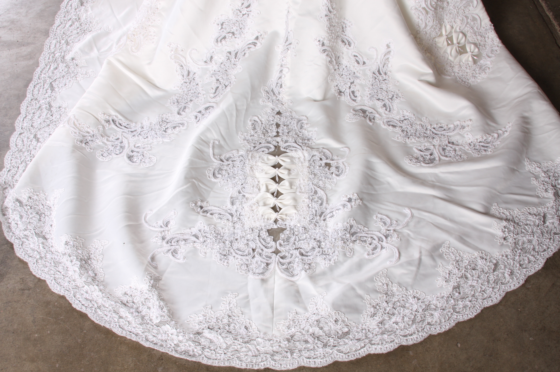 Breathtaking Benjamin Roberts Wedding gown in ivory satin embellished with faux white frosted pearls and sequins