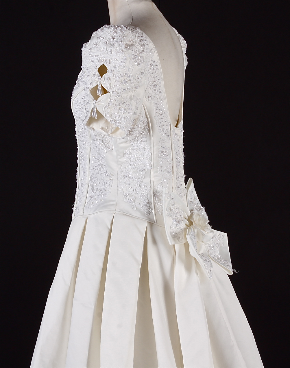 Breathtaking Benjamin Roberts Wedding gown in ivory satin embellished with faux white frosted pearls and sequins