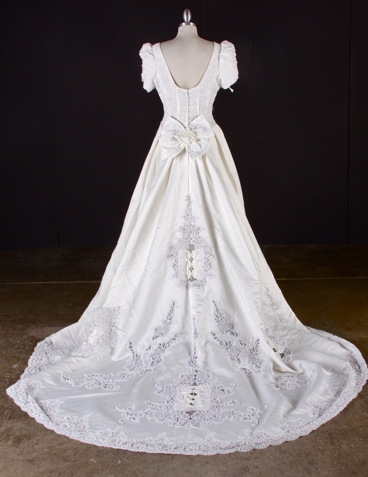Breathtaking Benjamin Roberts Wedding gown in ivory satin embellished with faux white frosted pearls and sequins