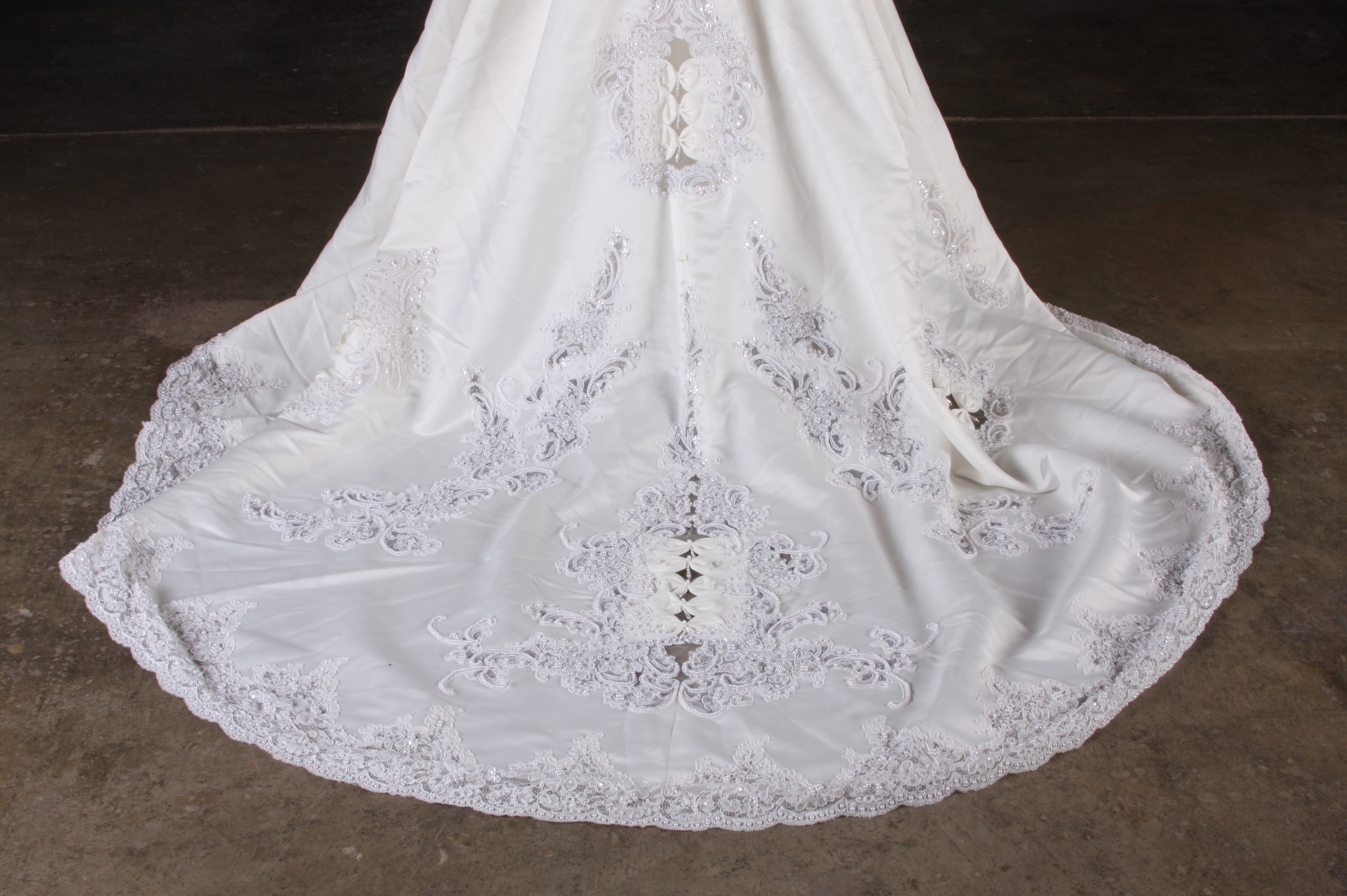 Breathtaking Benjamin Roberts Wedding gown in ivory satin embellished with faux white frosted pearls and sequins