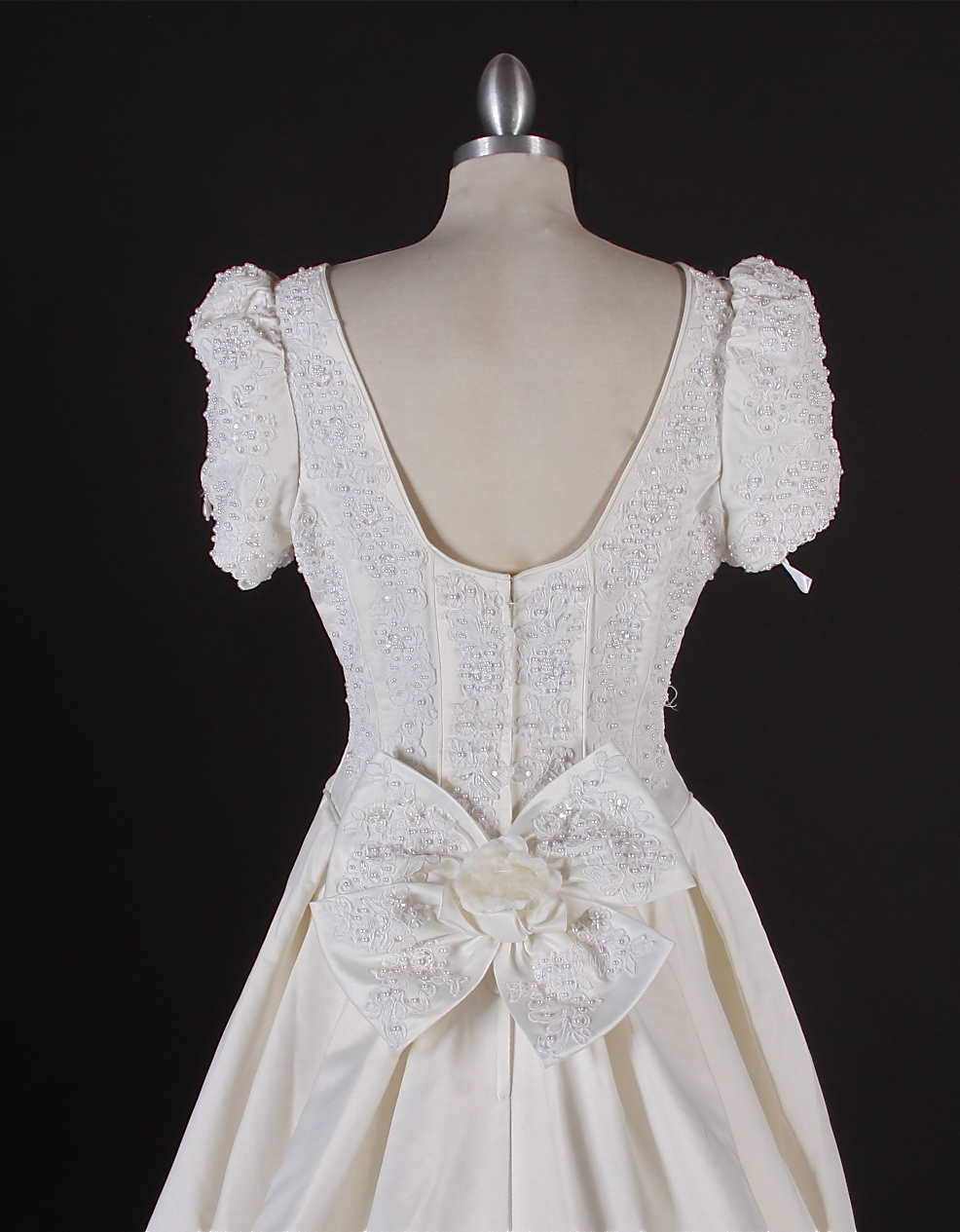 Breathtaking Benjamin Roberts Wedding gown in ivory satin embellished with faux white frosted pearls and sequins