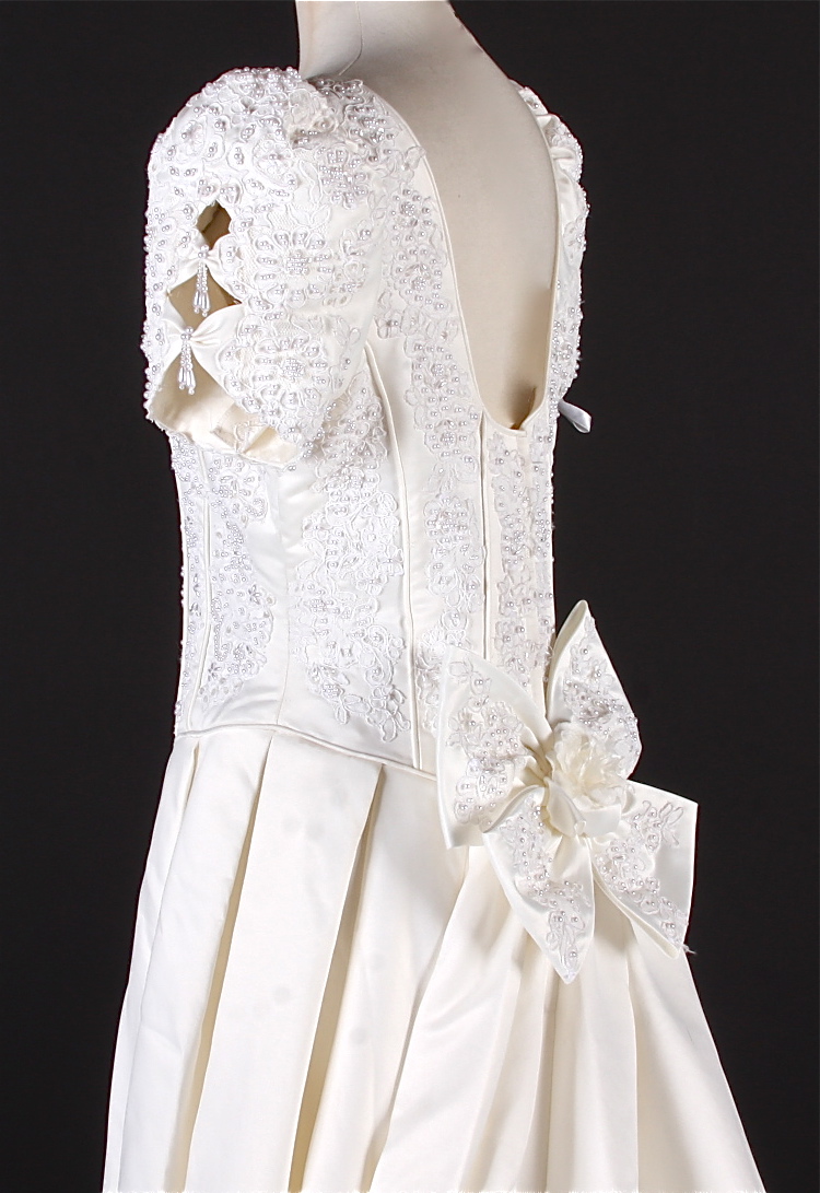 Breathtaking Benjamin Roberts Wedding gown in ivory satin embellished with faux white frosted pearls and sequins