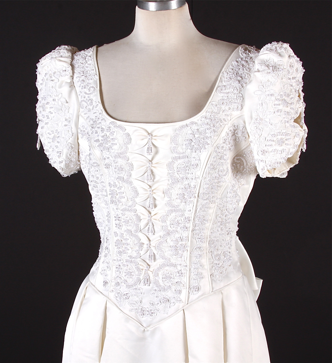 Breathtaking Benjamin Roberts Wedding gown in ivory satin embellished with faux white frosted pearls and sequins