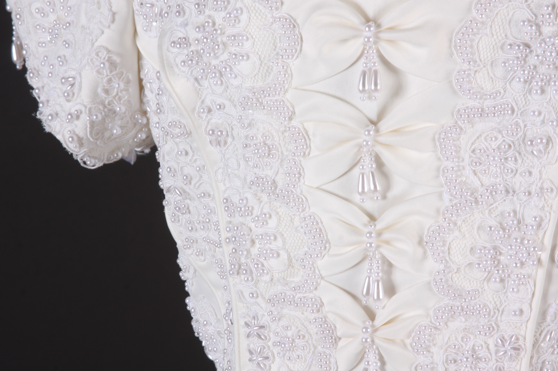 Breathtaking Benjamin Roberts Wedding gown in ivory satin embellished with faux white frosted pearls and sequins