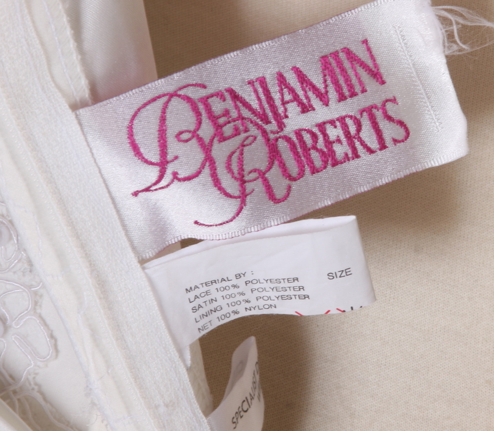 Breathtaking Benjamin Roberts Wedding gown in ivory satin embellished with faux white frosted pearls and sequins