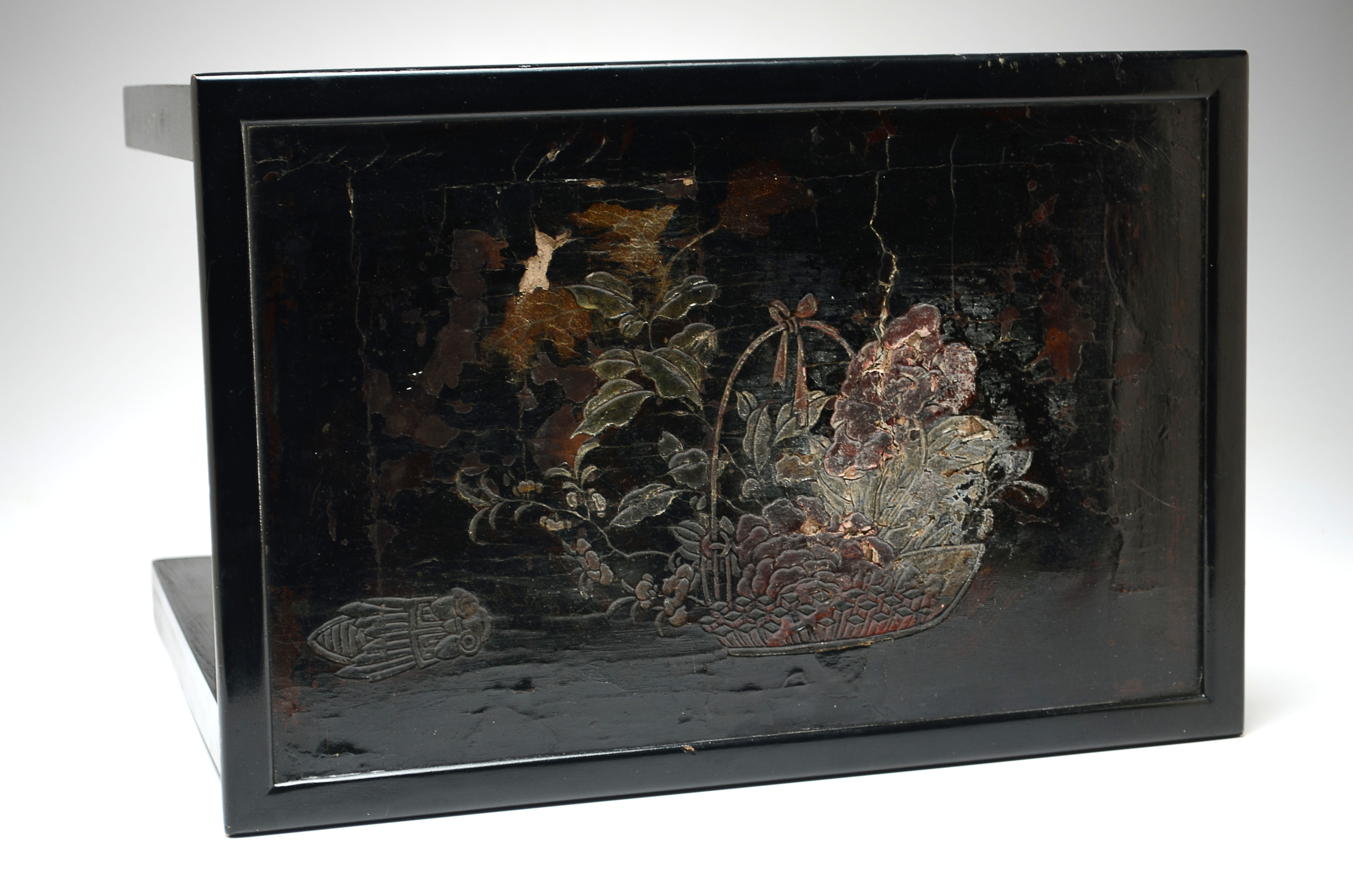 Antique Chinese black lacquered elmwood end table