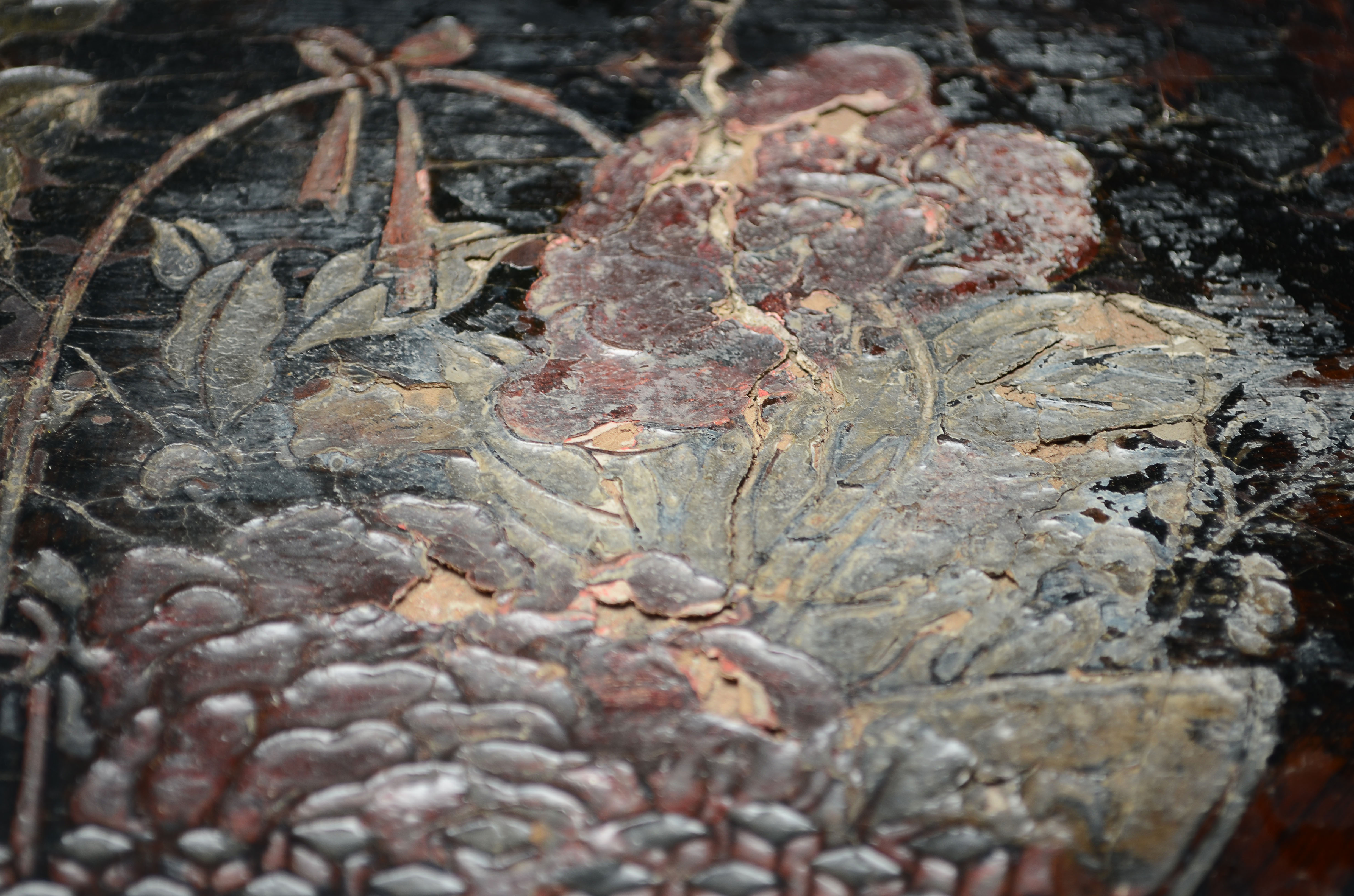 Antique Chinese black lacquered elmwood end table