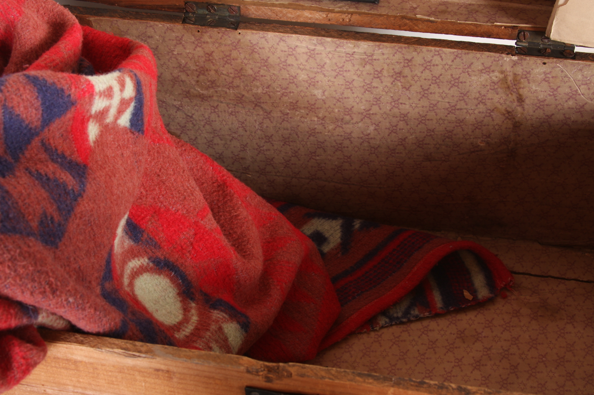 Antique wooden trunk box with contents