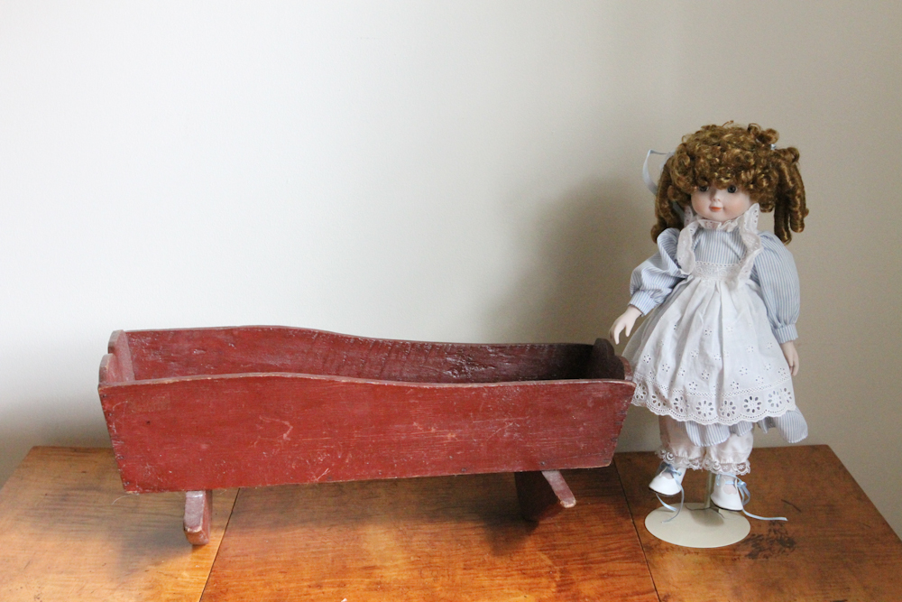 Hand Carved Doll Cradle with Doll
