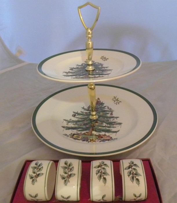 Spode Christmas Tree Double Tier Tray and Napkin Rings