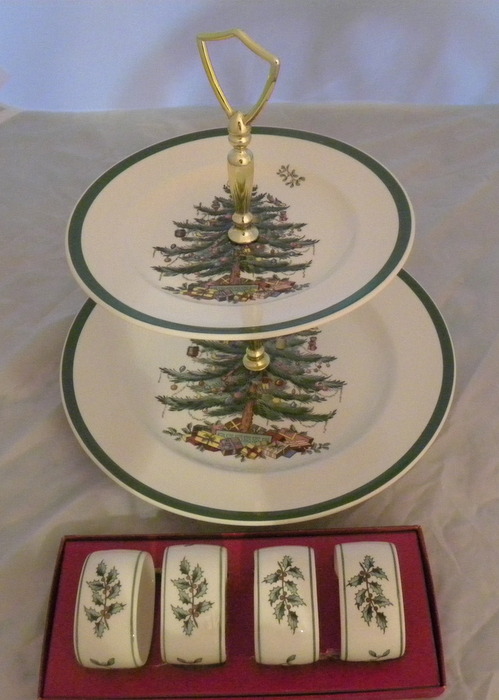 Spode Christmas Tree Double Tier Tray and Napkin Rings
