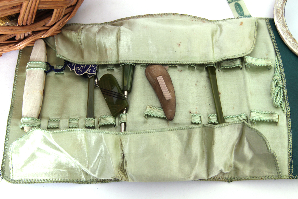 Vintage Dresser Mirror, Premier Manicure Set Bakelite & Vanity Pieces