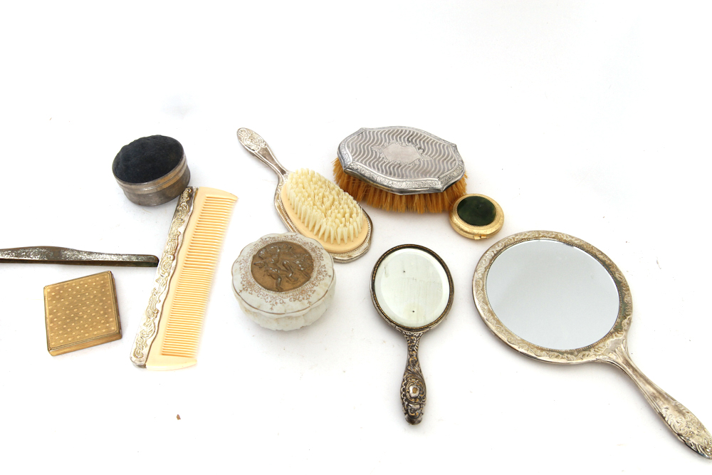 Vintage Dresser Mirror, Premier Manicure Set Bakelite & Vanity Pieces