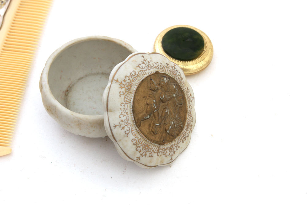 Vintage Dresser Mirror, Premier Manicure Set Bakelite & Vanity Pieces