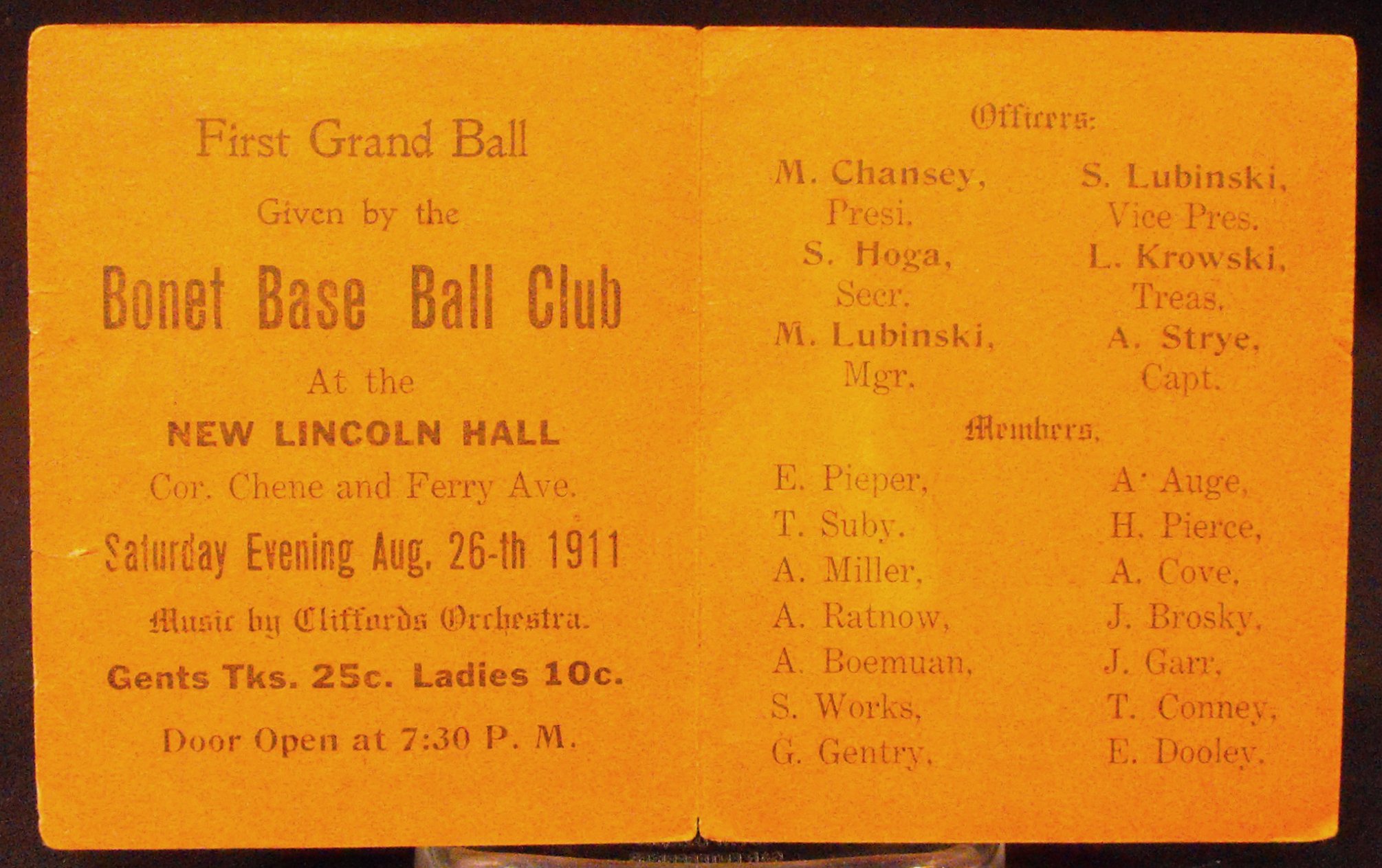 1911 Bonet Base Ball Club Grand Ball Ticket