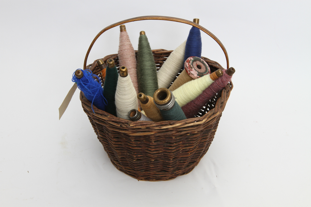 Primitive basket and Vintage  Wooden Yarn Bobbins