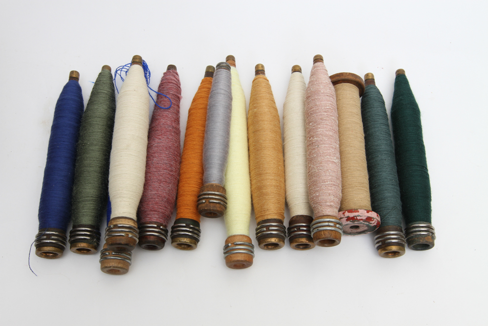 Primitive basket and Vintage  Wooden Yarn Bobbins