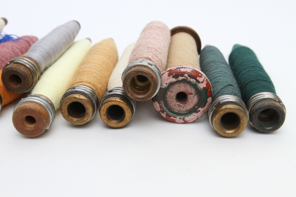 Primitive basket and Vintage  Wooden Yarn Bobbins