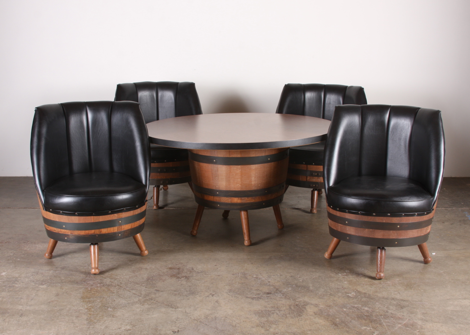 1960's - 70's vintage whiskey barrel dining set with table & 4 black vinyl chairs