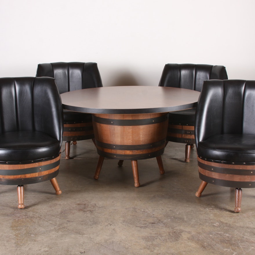 1960's - 70's vintage whiskey barrel dining set with table & 4 black vinyl chairs