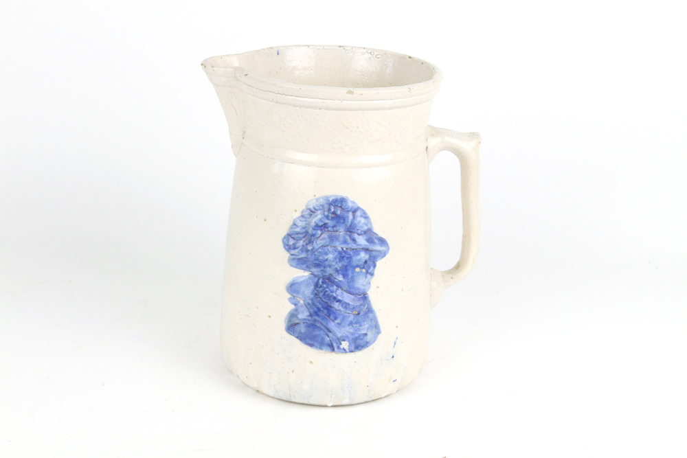 Large Antique 19th Century Blue & White Stoneware Pitcher 