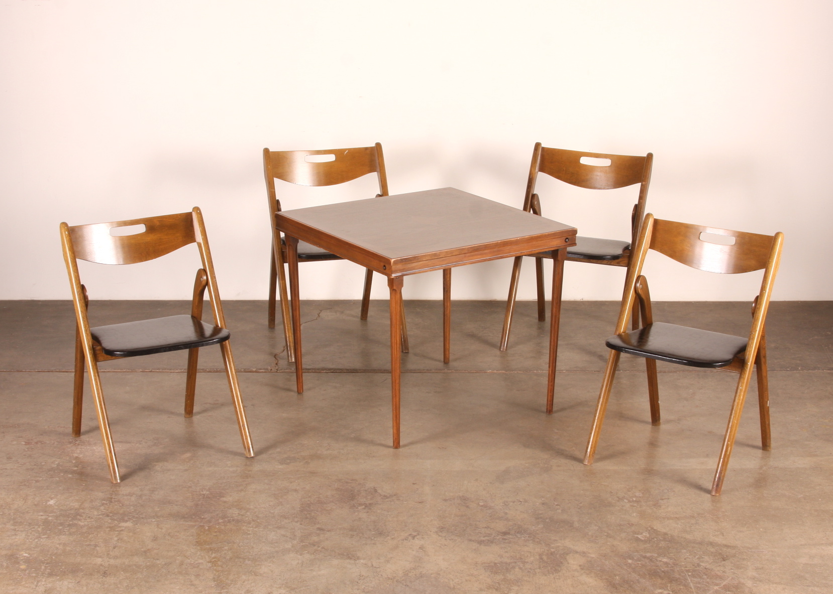 Vintage wooden card table and (4) folding chairs