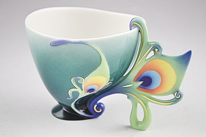 Franz China Signed Luminescence Peacock Cup & Saucer with Spoon