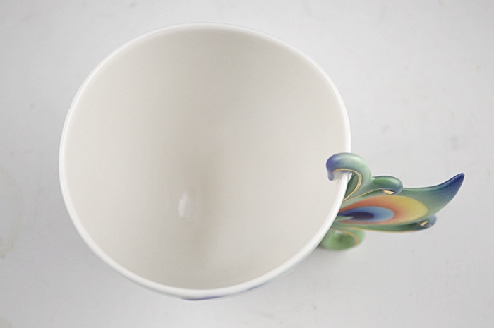 Franz China Signed Luminescence Peacock Cup & Saucer with Spoon
