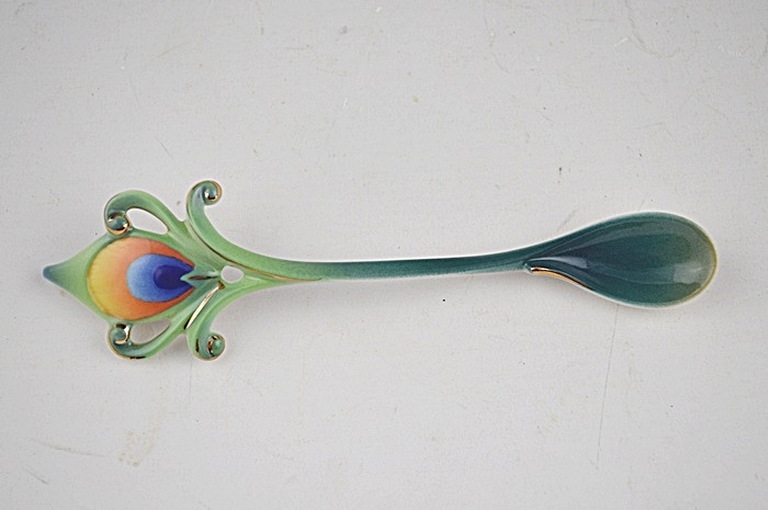 Franz China Signed Luminescence Peacock Cup & Saucer with Spoon