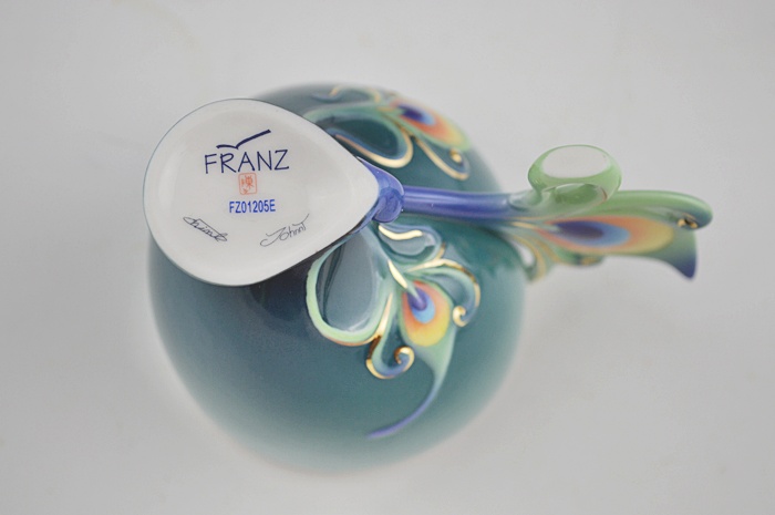 Franz China Signed Luminescence Peacock Cup & Saucer with Spoon