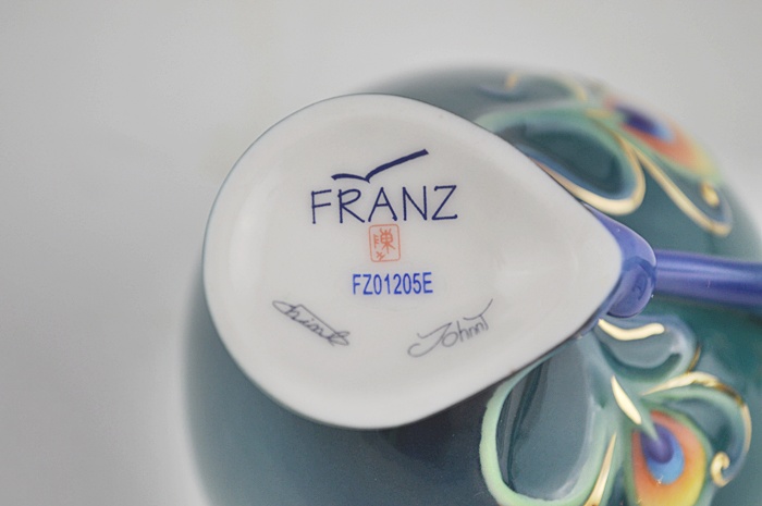Franz China Signed Luminescence Peacock Cup & Saucer with Spoon