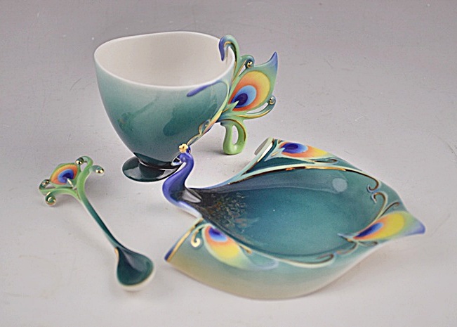 Franz China Signed Luminescence Peacock Cup & Saucer with Spoon