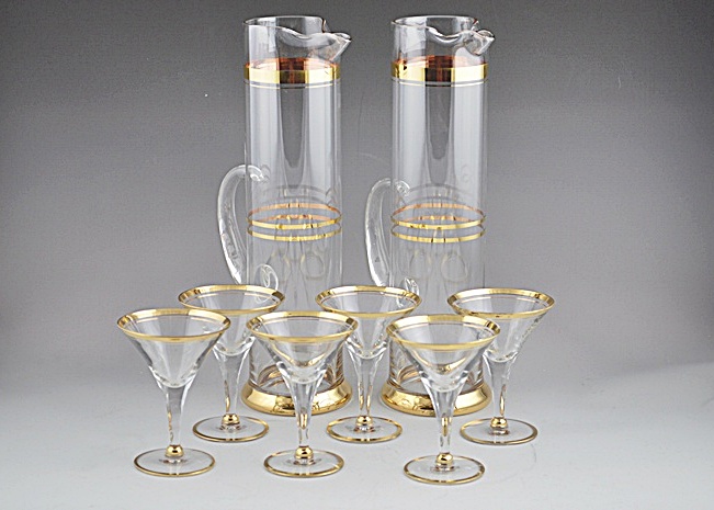 Gold Rimmed Martini Set - 2 Tall Cool Martini Pitchers and 6 Matching Glasses