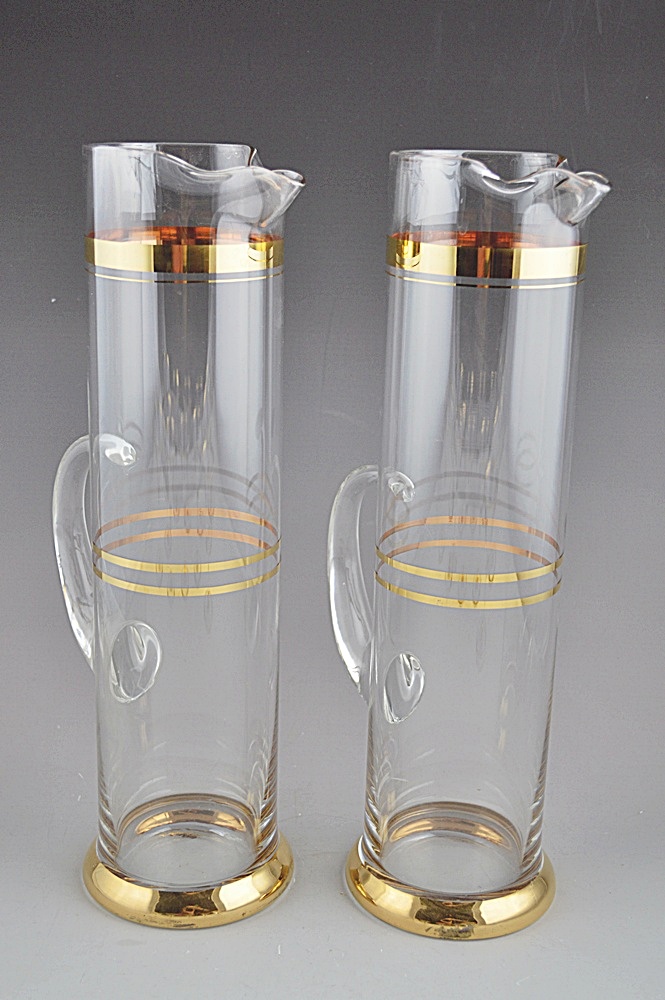 Gold Rimmed Martini Set - 2 Tall Cool Martini Pitchers and 6 Matching Glasses