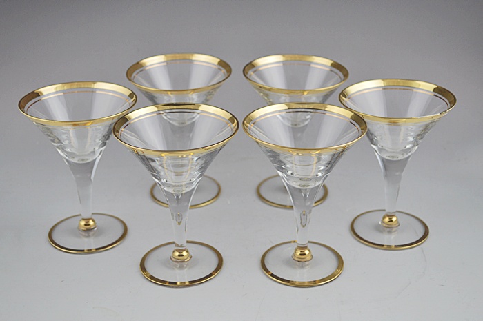 Gold Rimmed Martini Set - 2 Tall Cool Martini Pitchers and 6 Matching Glasses