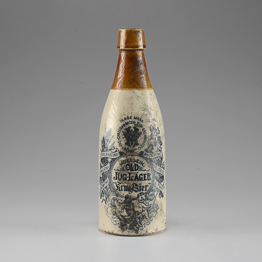 MOERLEIN Old Jug Lager Black transfer Stoneware Bottle. 