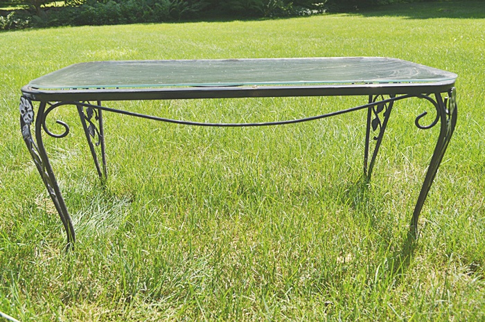 Painted Iron Sofa with Custom Cushions & Matching Glasstop Table