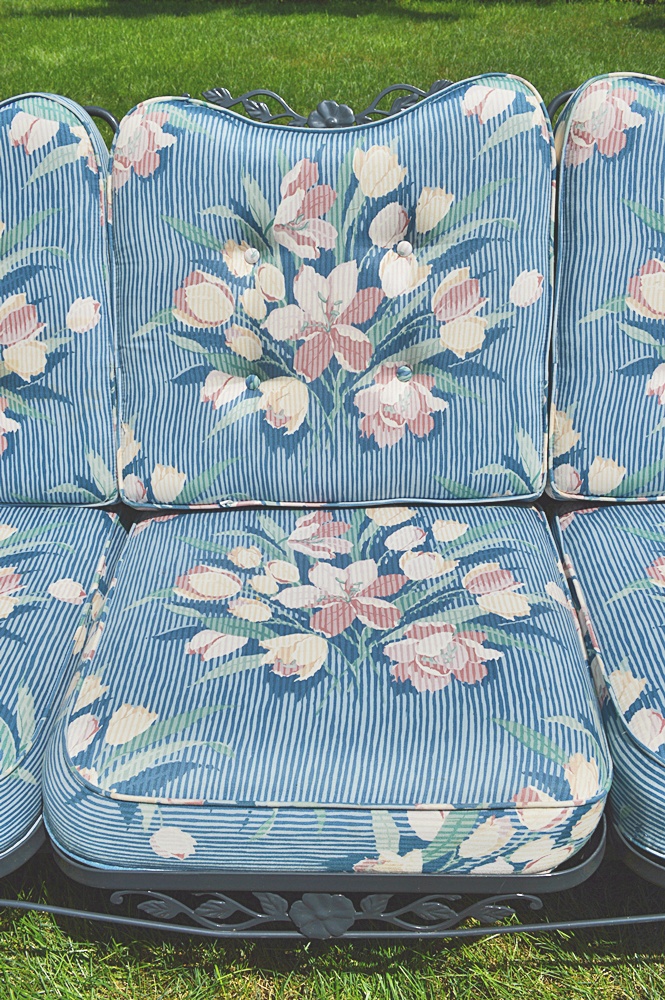 Painted Iron Sofa with Custom Cushions & Matching Glasstop Table