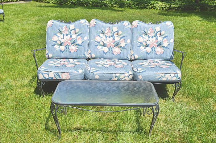 Painted Iron Sofa with Custom Cushions & Matching Glasstop Table