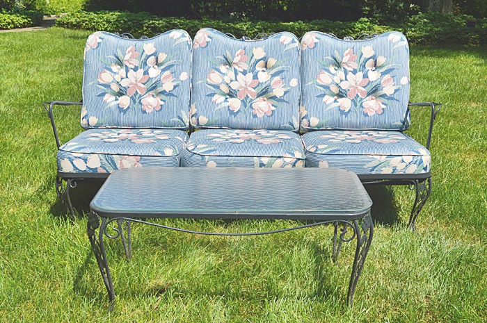 Painted Iron Sofa with Custom Cushions & Matching Glasstop Table
