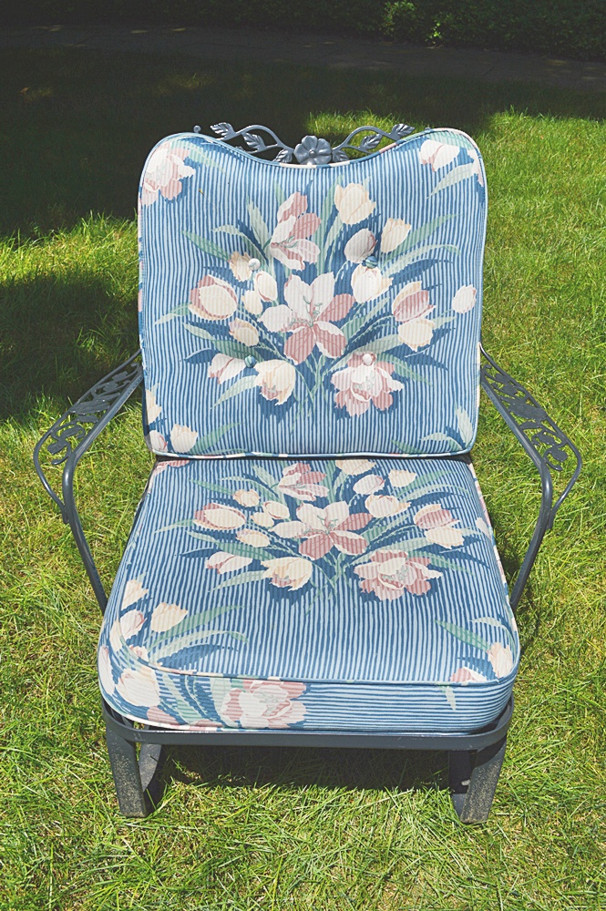 Set of 2 Painted Wrought Iron Chairs With Custom Cushions(one bounces)