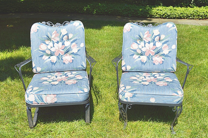 Set of 2 Painted Wrought Iron Chairs With Custom Cushions(one bounces)