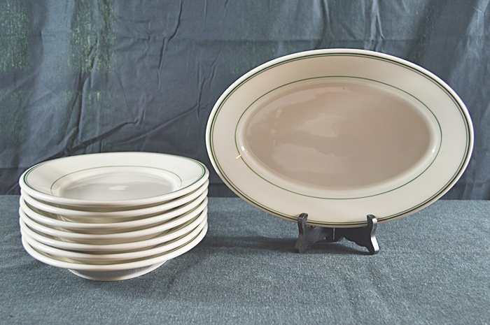 8 Homer Laughlin Green Stripe Oval Plates & A Set of 11 Buffet Plates