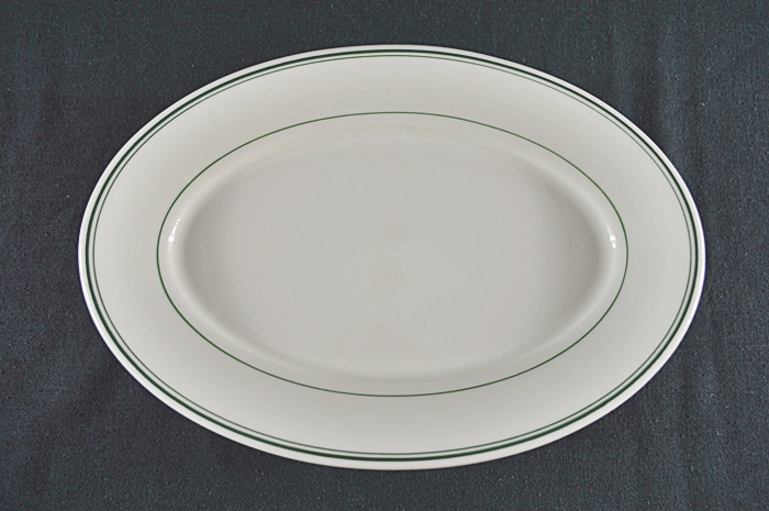 8 Homer Laughlin Green Stripe Oval Plates & A Set of 11 Buffet Plates