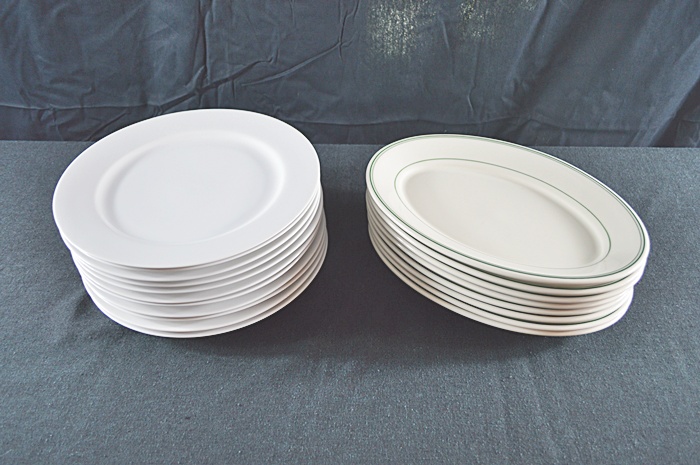 8 Homer Laughlin Green Stripe Oval Plates & A Set of 11 Buffet Plates