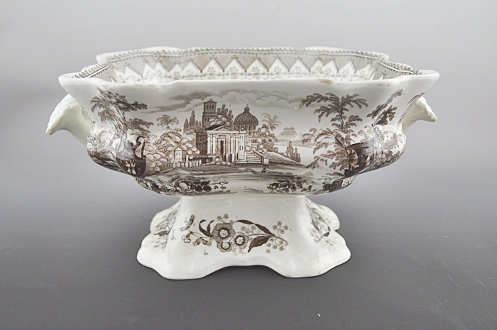 Footed Brown Transferware Compote 
