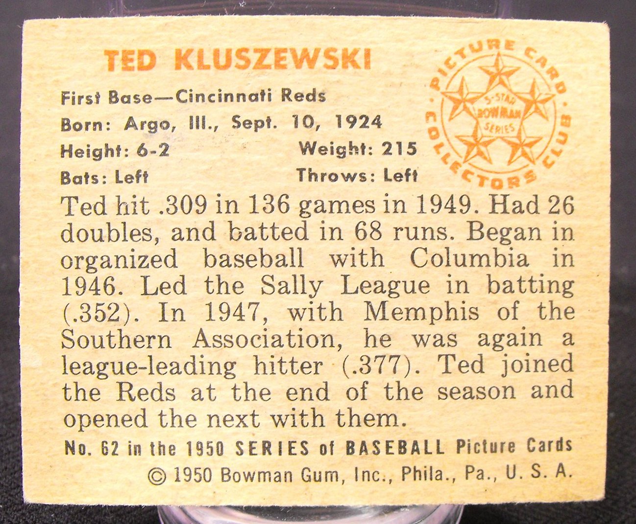 1950 Ted Kluszewski Cincinnati Reds Bowman Baseball Card