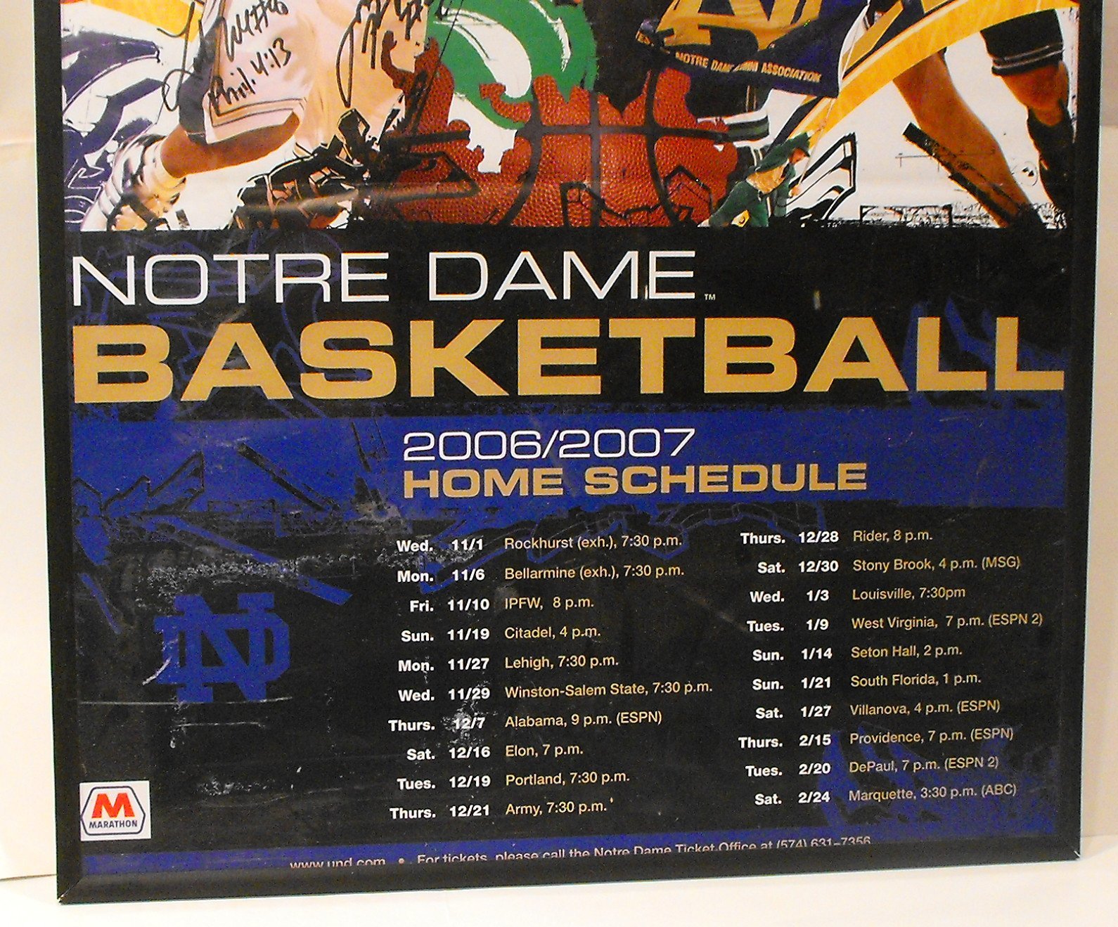 2006-07 Notre Dame Mens Basketball Autographed Framed Poster